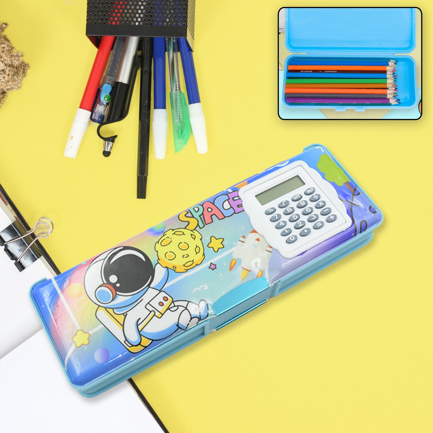 Wukusy double-sided magnetic geometry and pencil box with calculator, plastic office storage for boys and girls, colorful and compact.
