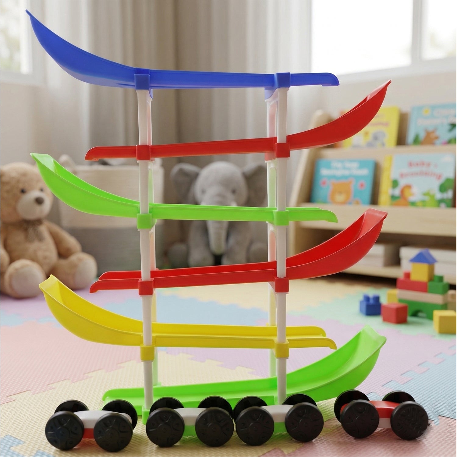 Kids multi-level car racing track toy set by Wukusy with colorful tracks and racing cars for energetic play.