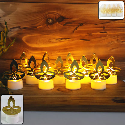 Set of 12 golden diya-shaped LED tealight candles by Wukusy, decorative home decor lights for festive or cozy ambiance.