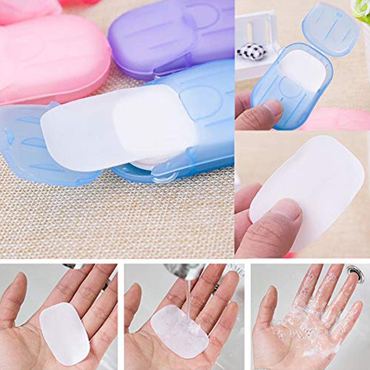 Wukusy portable travel paper soap sheets in mini box, 20 mixed color sheets for easy hand cleaning on the go.