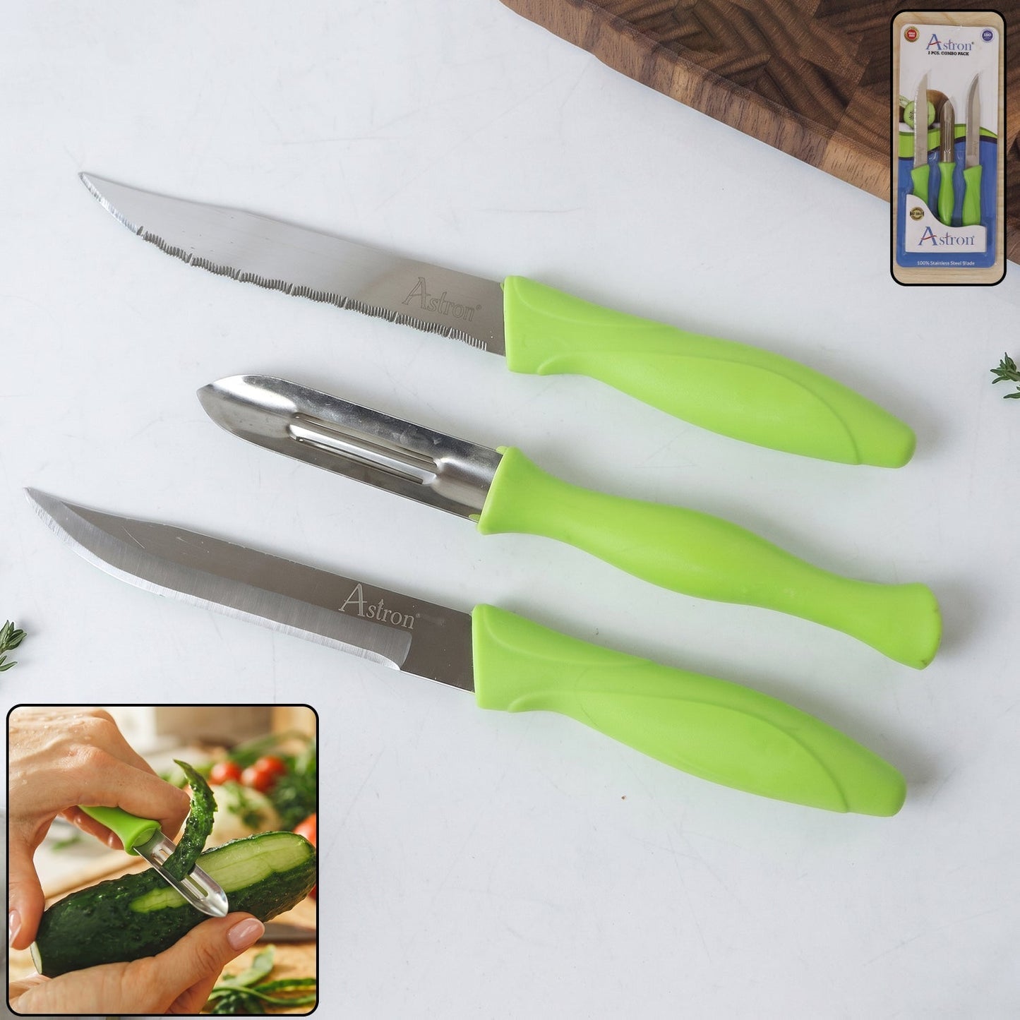 Wukusy stainless steel kitchen knife and peeler combo set, includes three durable utensils for versatile food prep.