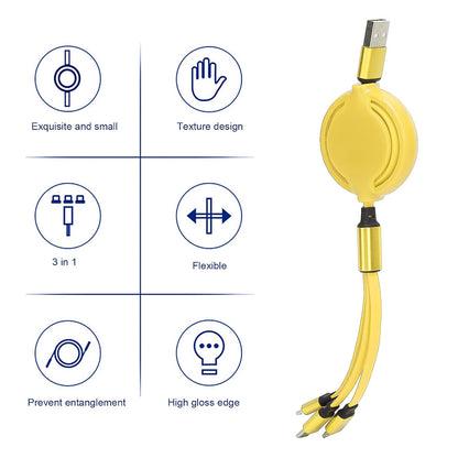 Wukusy 3-in-1 retractable mobile charging cable in mixed colors, versatile USB charging cable for smartphones and devices.