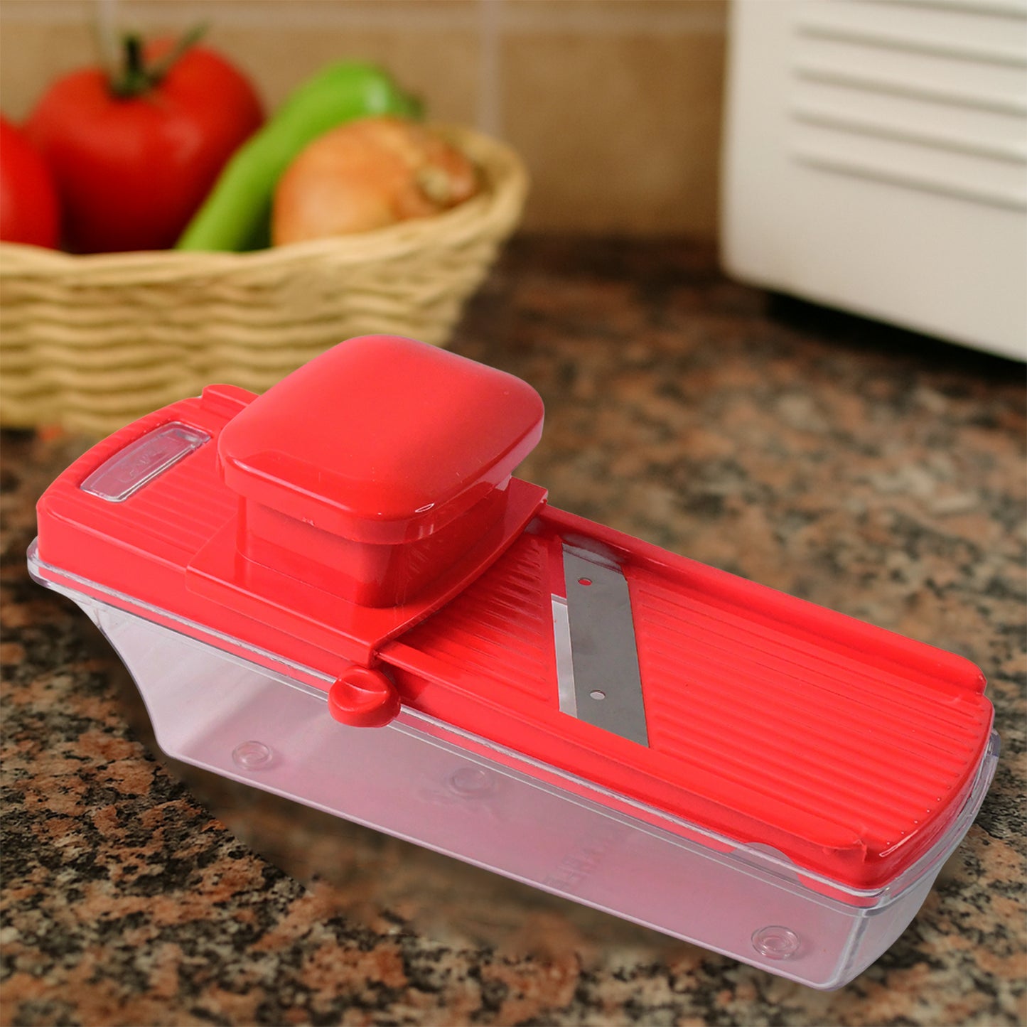 Wukusy Supermom vegetable and dry fruit slicer for home kitchen, showing stainless steel blades and handle for easy slicing.