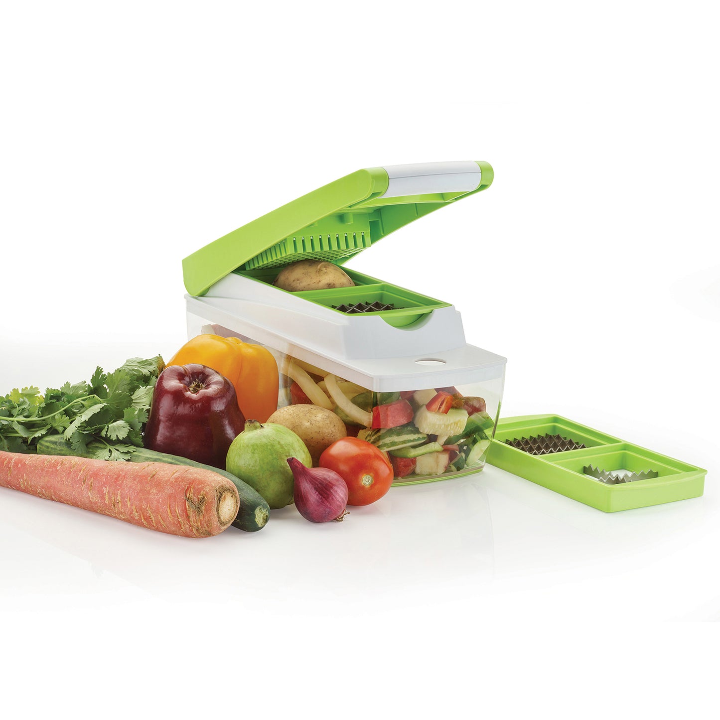Wukusy 8110 House Of Sensation Snowpearl 14-in-1 Quick Dicer with multiple blades and ergonomic handle, used for chopping vegetables.