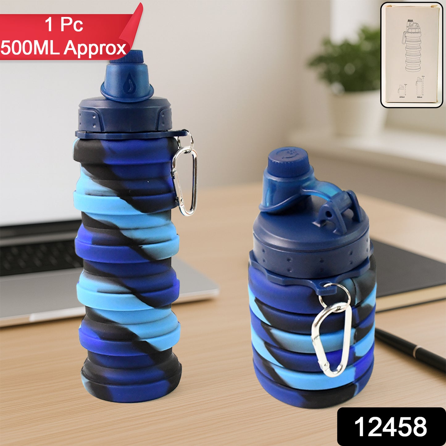 Wukusy silicone foldable water bottle, 24 cm, 500 ml capacity, collapsible design, transparent body with purple lid.
