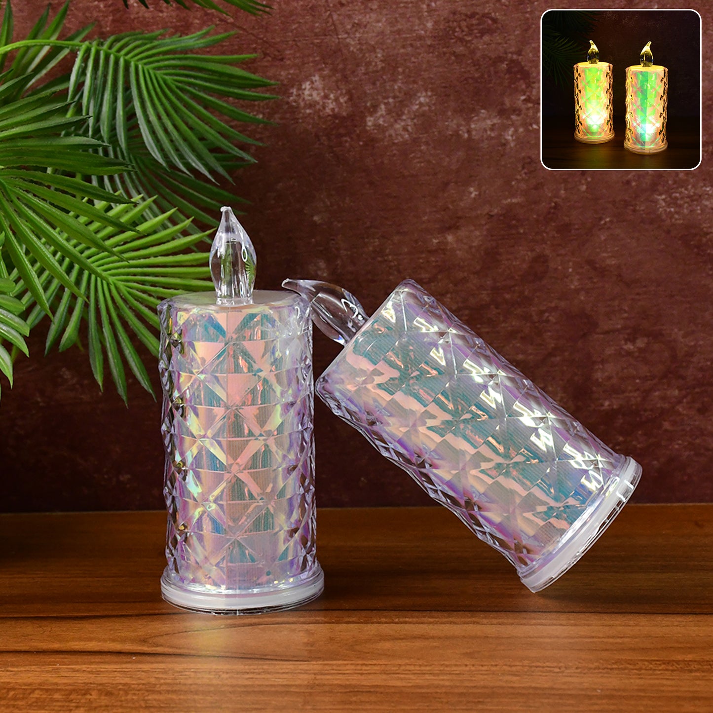 Wukusy decorative LED candle lights with holographic finish, set of 2, perfect for home decor and ambient lighting.