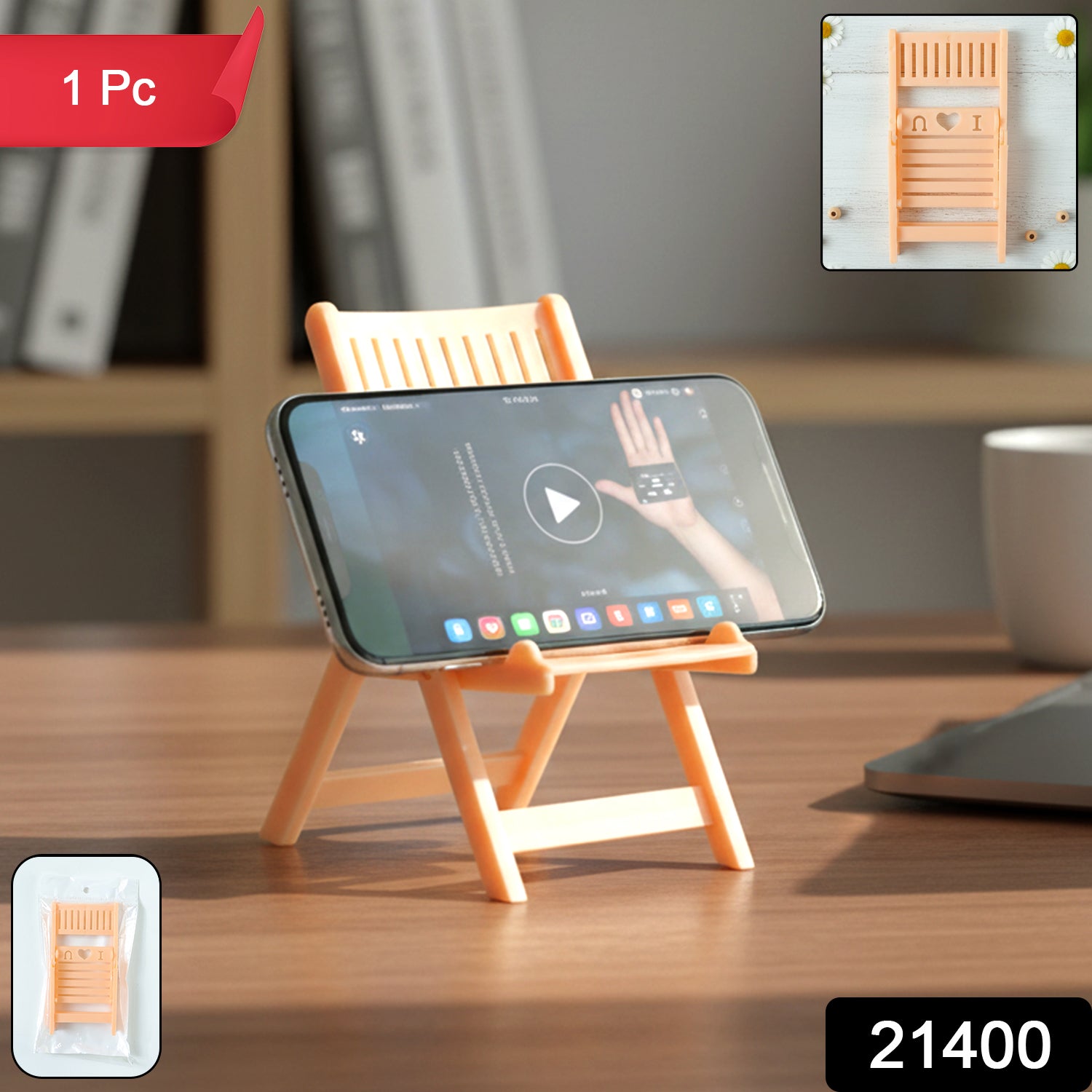 Peach-colored mini chair-shaped mobile stand holder by Wukusy, designed to hold smartphones securely.