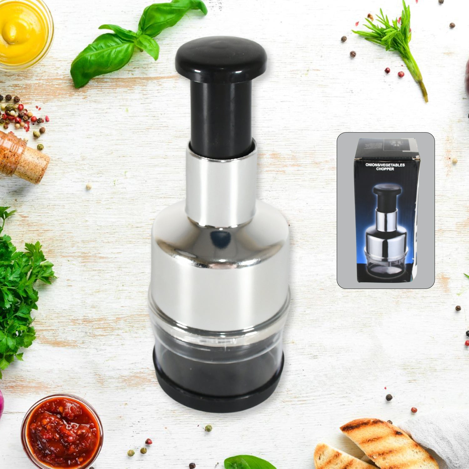 Wukusy 8189 Food Cutter with stainless steel blades for chopping onions, garlic, vegetables, nuts, and salads in a home kitchen setting.