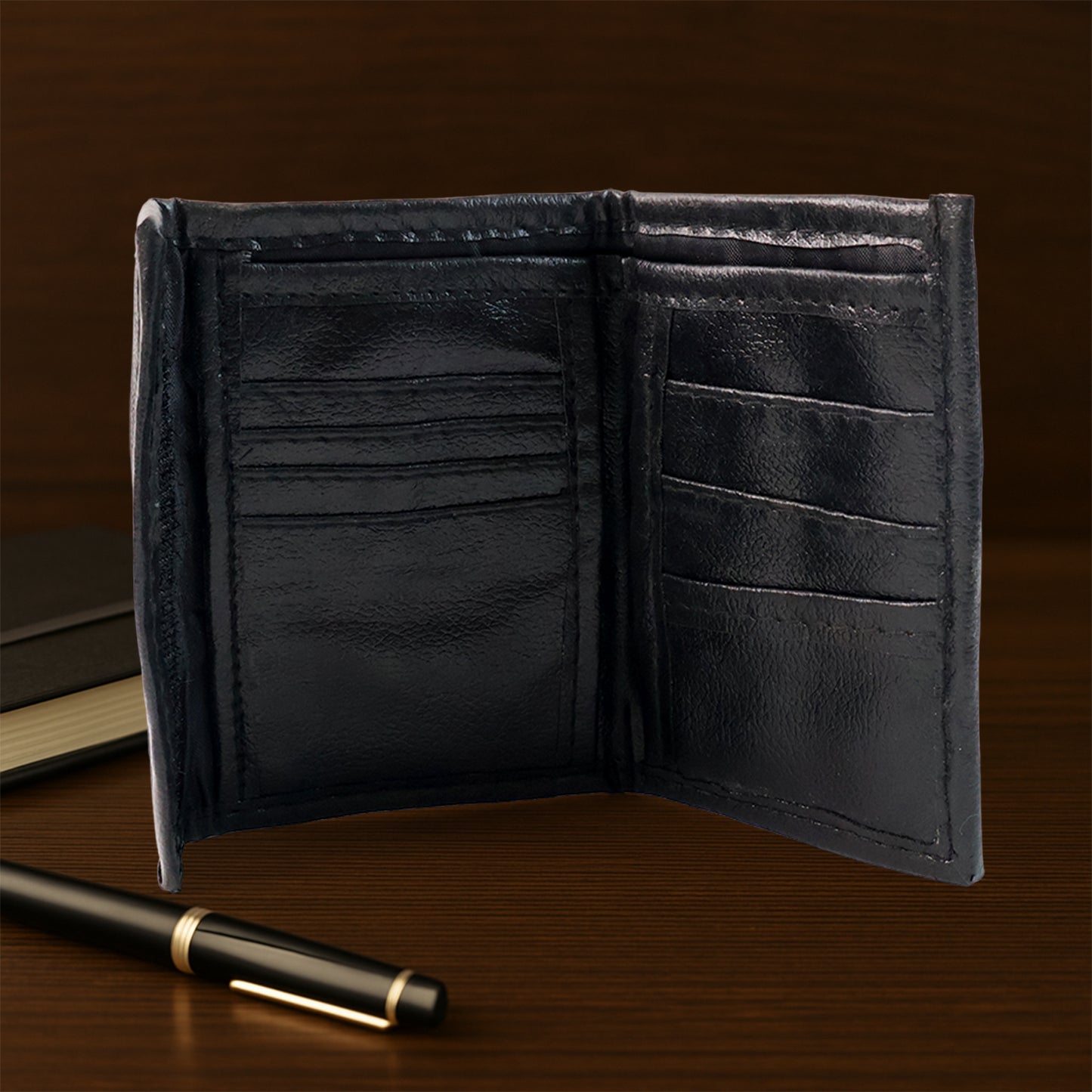 Wukusy premium genuine leather bi-fold travel wallet with multiple card slots and cash compartment, designed for secure organization.
