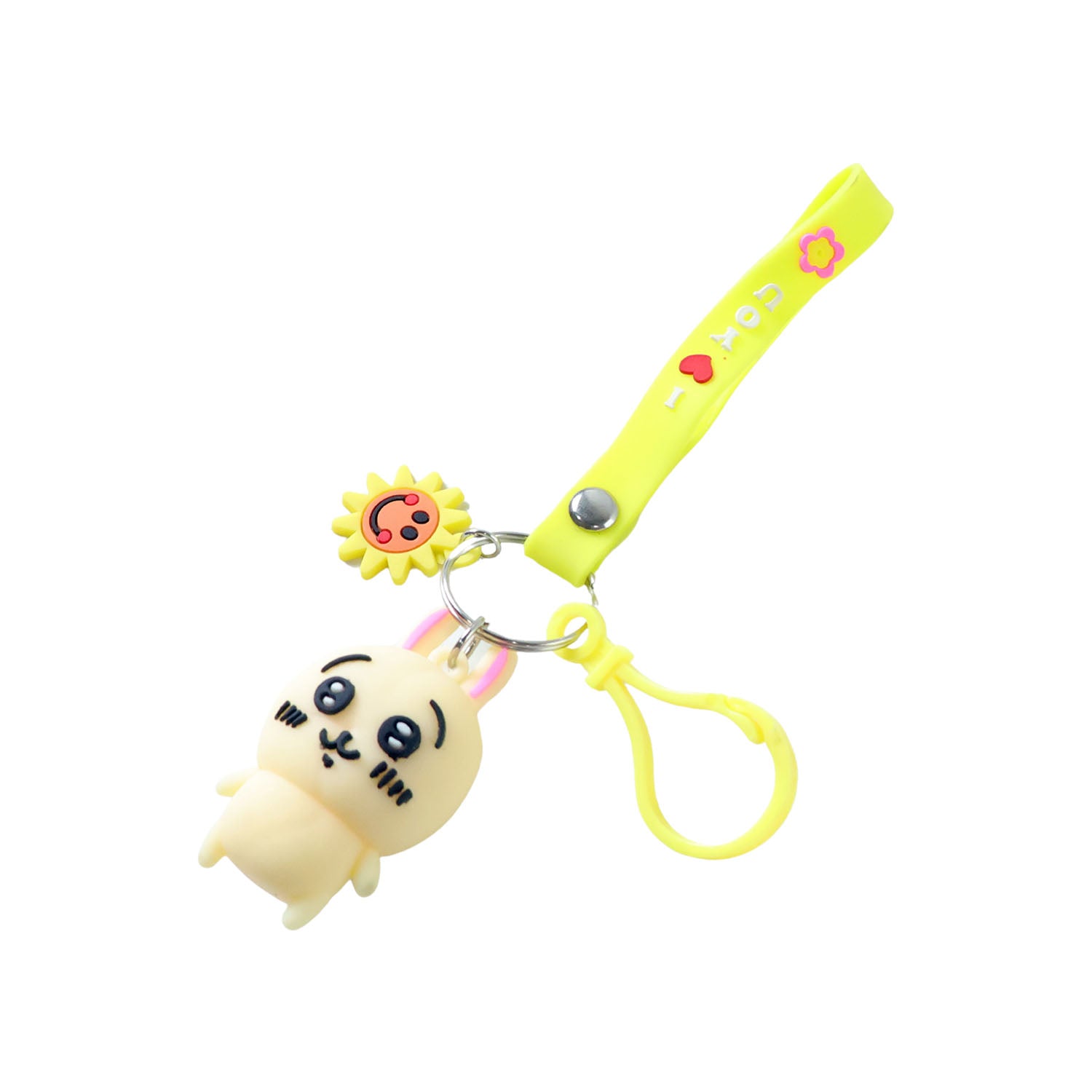 Cute cartoon bunny silicone keychain with decorative strap by Wukusy, featuring a colorful bunny charm on a vibrant strap.