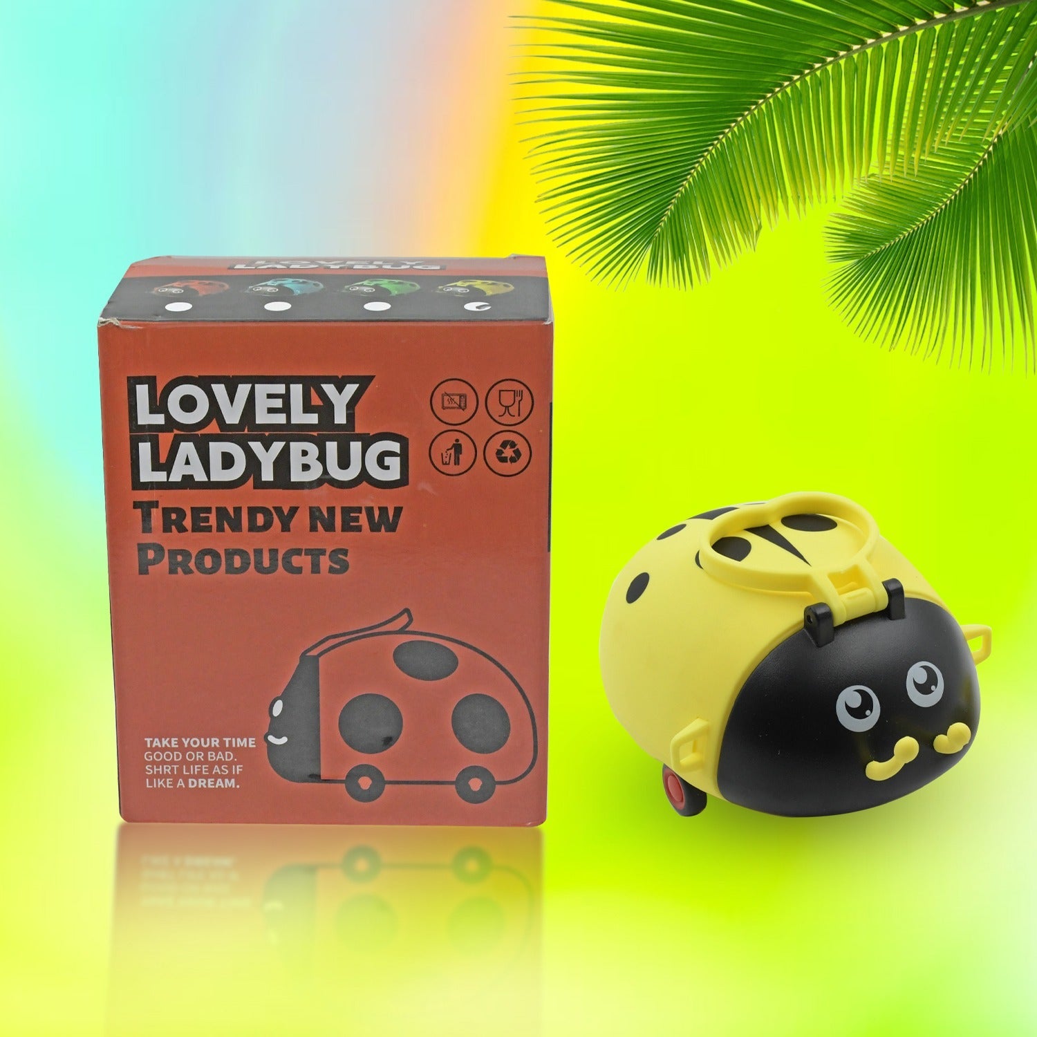 Cute plastic bug-shaped water bottle with straw, adjustable shoulder strap, and 4 wheels, ideal for kids' school and travel use.