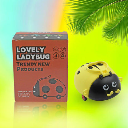 Cute plastic bug-shaped water bottle with straw, adjustable shoulder strap, and 4 wheels, ideal for kids' school and travel use.