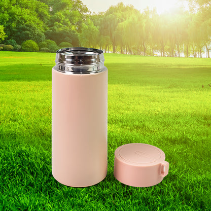 Insulated stainless steel water bottle for kids by Wukusy, 350 ml, featuring a colorful design and secure lid for on-the-go hydration.