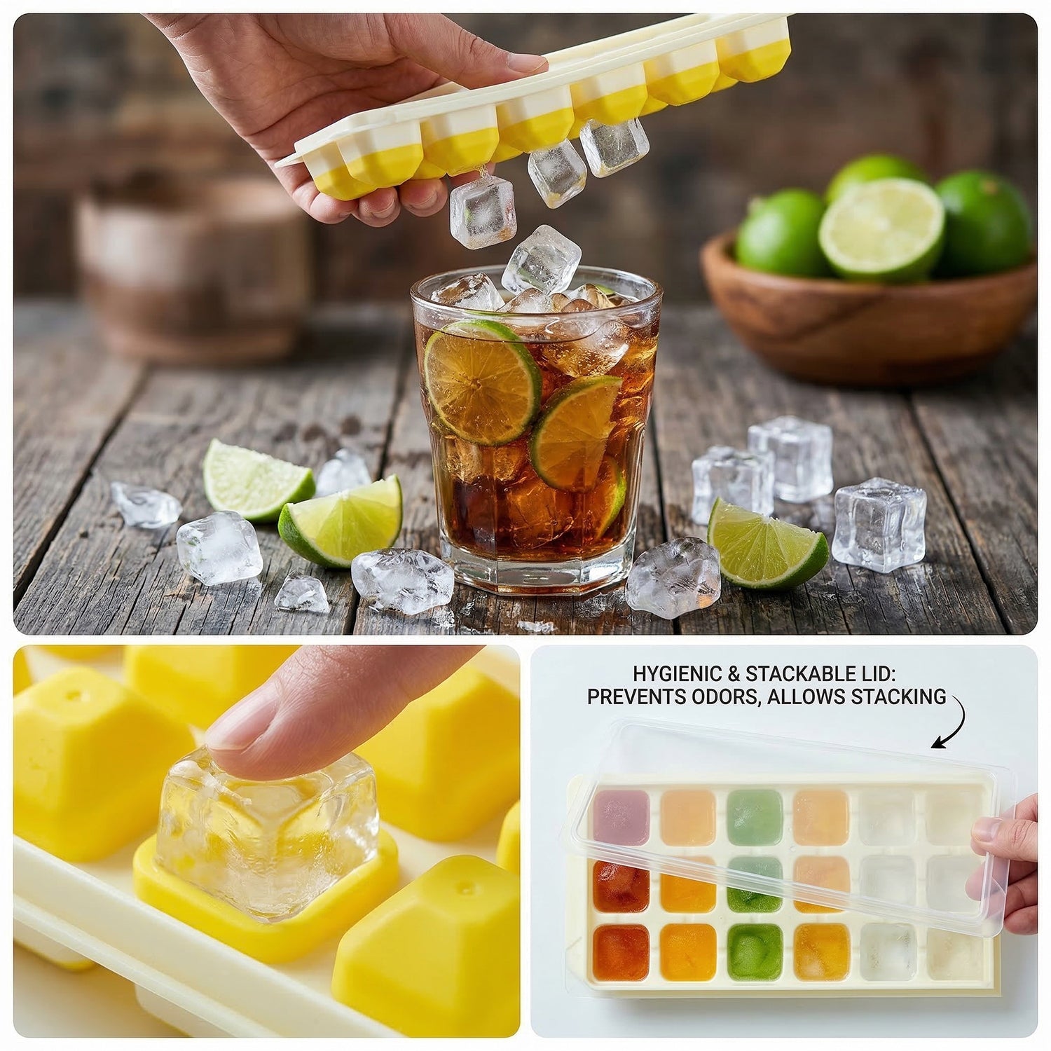 Wukusy 24-grid pop-up ice cube tray set with lids, showing flexible trays with ice cubes and matching lids in a kitchen setting.
