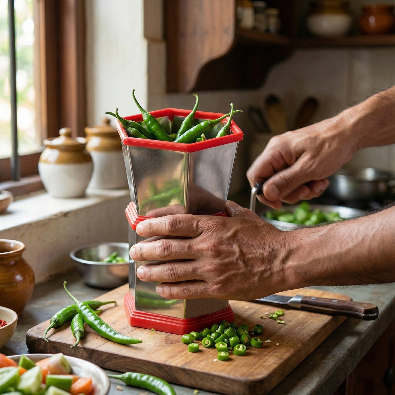 Wukusy manual hex-style chili cutter with stainless steel blades and ergonomic handle for easy chopping of chili peppers.