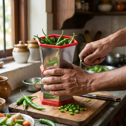 Wukusy manual hex-style chili cutter with stainless steel blades and ergonomic handle for easy chopping of chili peppers.