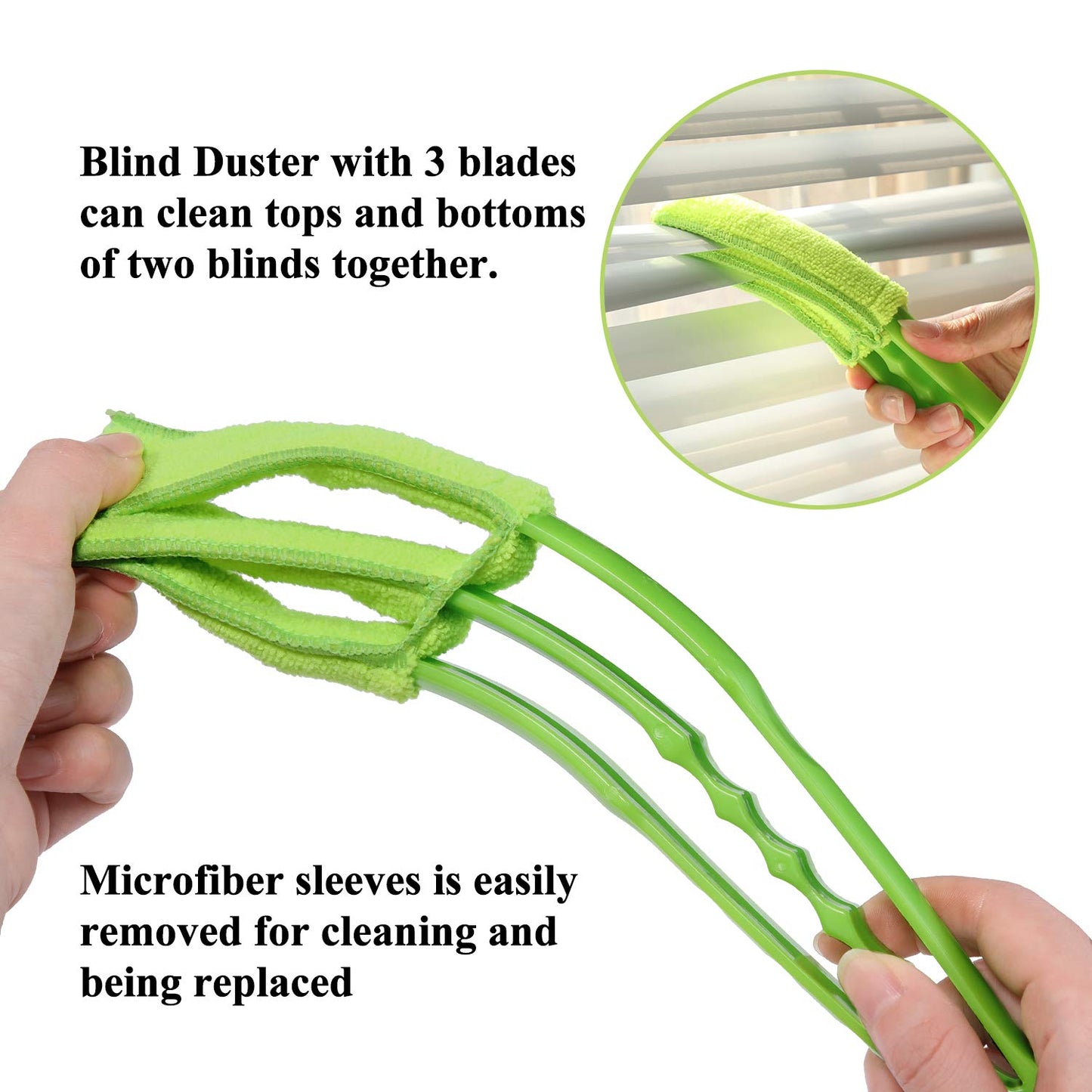 Wukusy 7729 window blind cleaner duster brush with microfiber sleeves for dusting window shutters, blinds, and air conditioners.