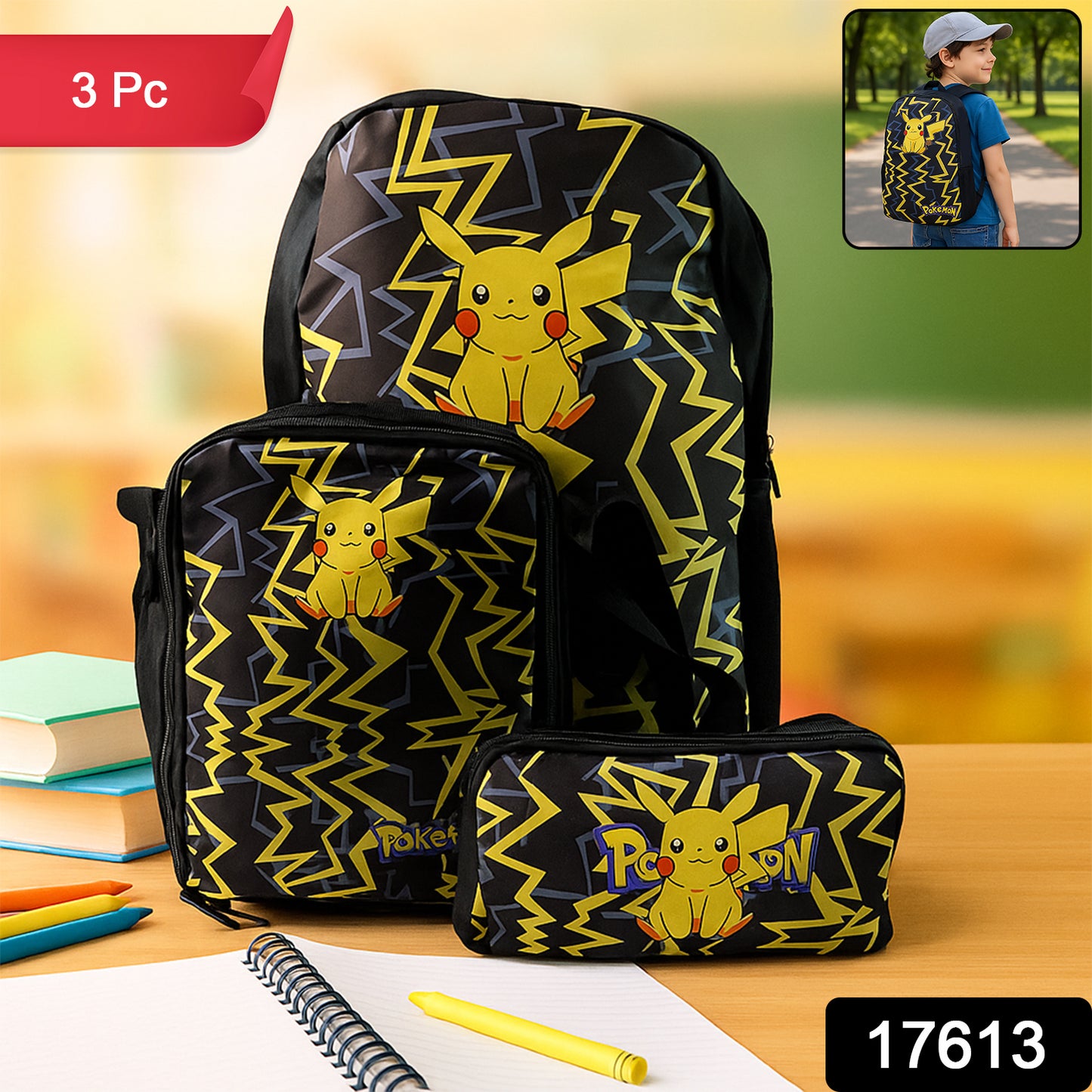 Colorful cartoon character school bag combo set for kids, including a travel backpack, lunchbox, and pencil case by Wukusy.