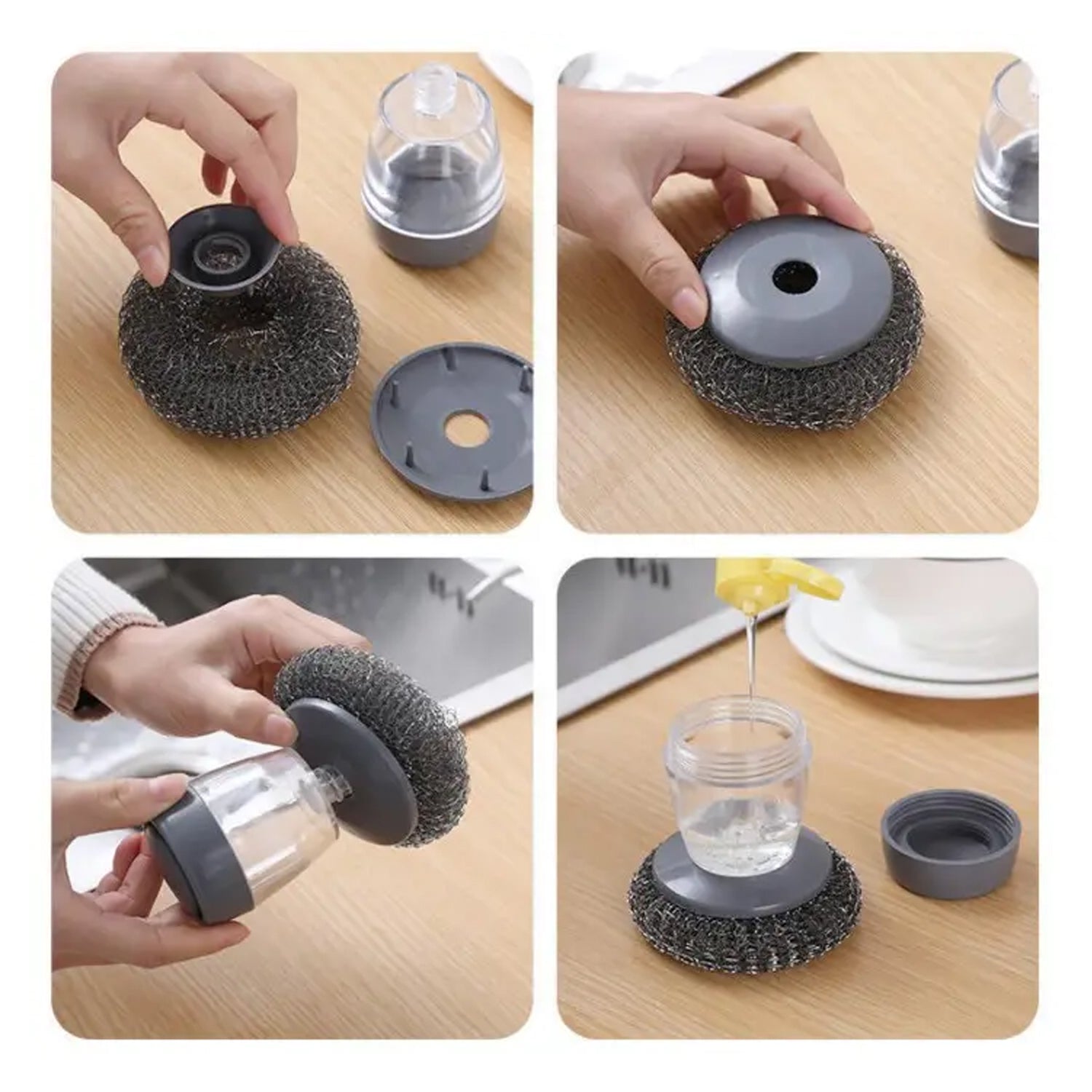 Wukusy soap dispensing palm brush for dishwashing, with liquid soap dispenser and cleaning bristles for kitchen utensils.
