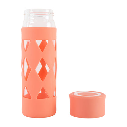 Wukusy glass water bottle with protective sleeve, 480ml, clear design, suitable for home and kitchen use