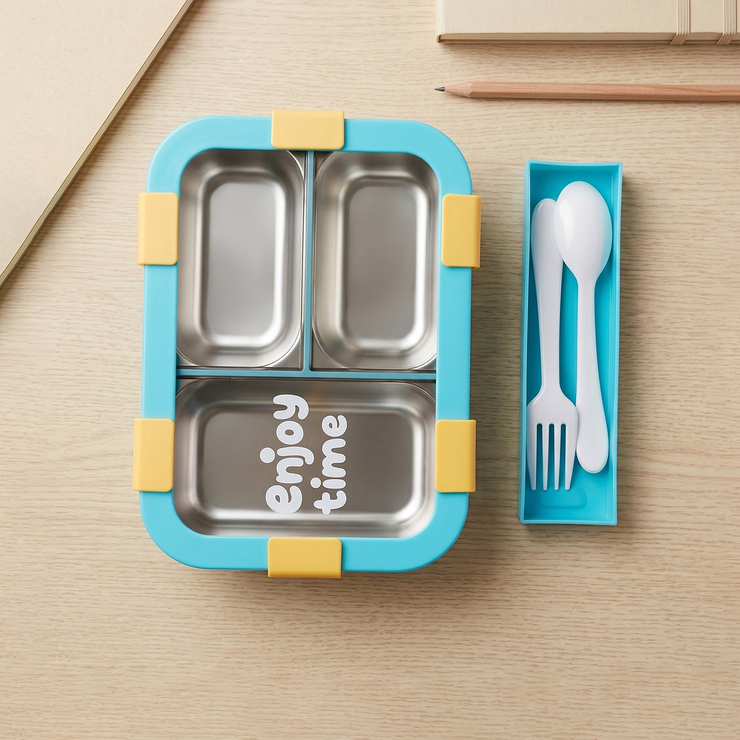 Wukusy stainless steel lunch box with three compartments, 600ml capacity, includes spoon and fork for organized meal storage.