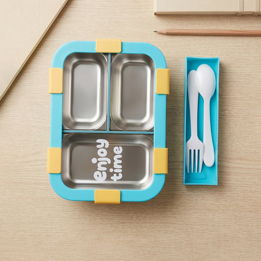 Wukusy stainless steel lunch box with three compartments, 600ml capacity, includes spoon and fork for organized meal storage.