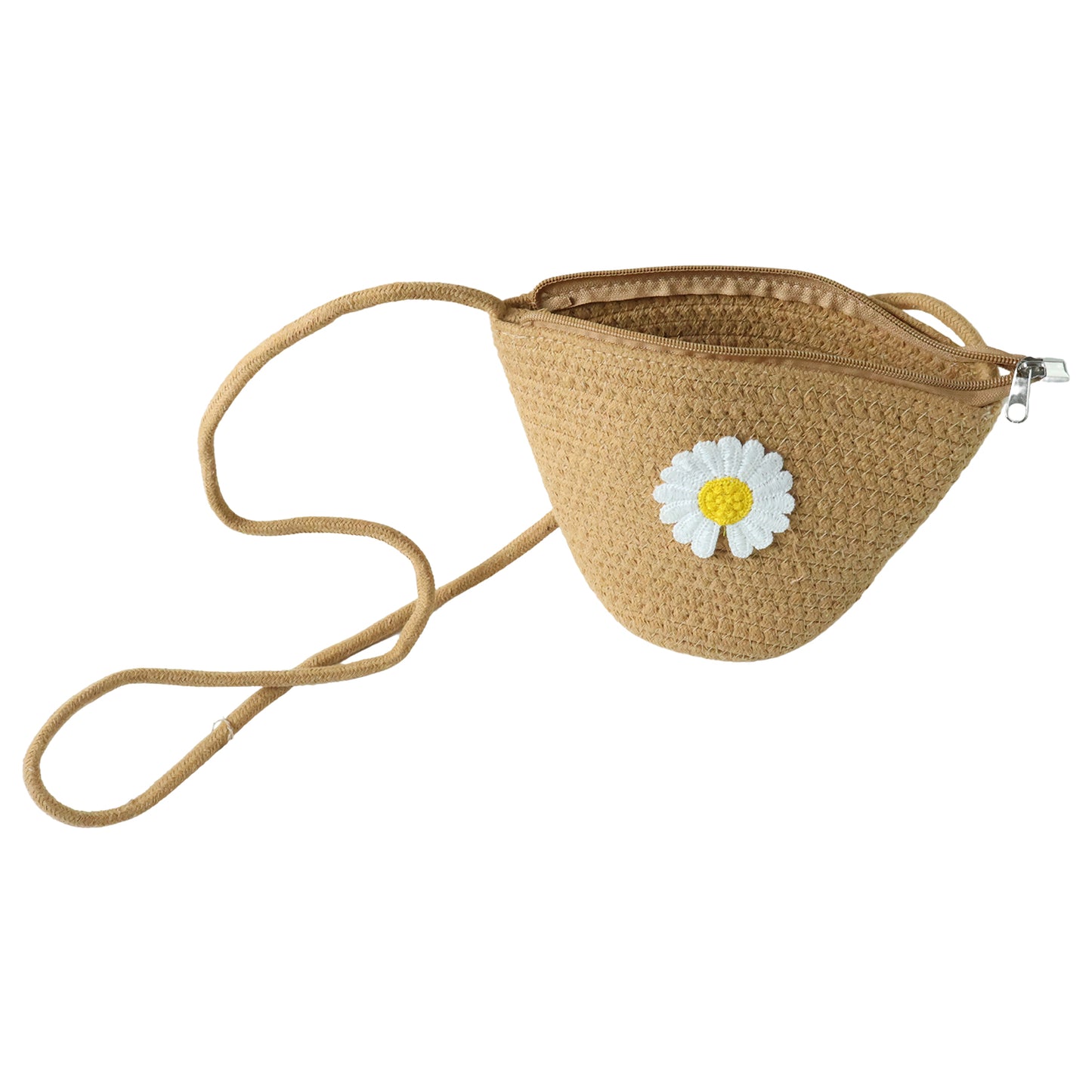 Wukusy stylish jute crossbody sling bag with adjustable strap, 17x23 cm, featuring natural woven texture and compact design.