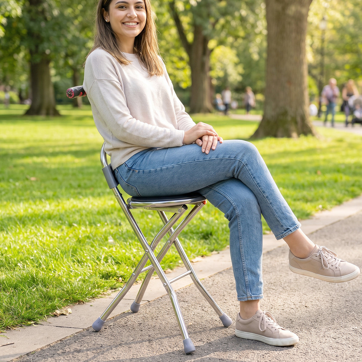 Wukusy folding walking stick with seat and backrest, 4-leg cane stool chair, compact and portable for outdoor use