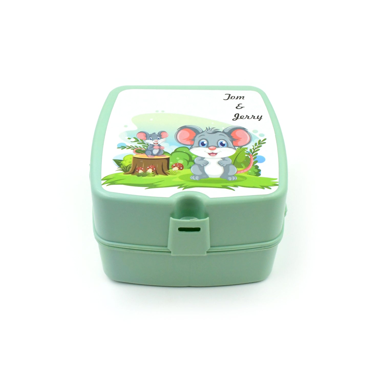 Wukusy double-layer square plastic lunch box with four compartments, push lock, spoon, suitable for school, travel, and home use.