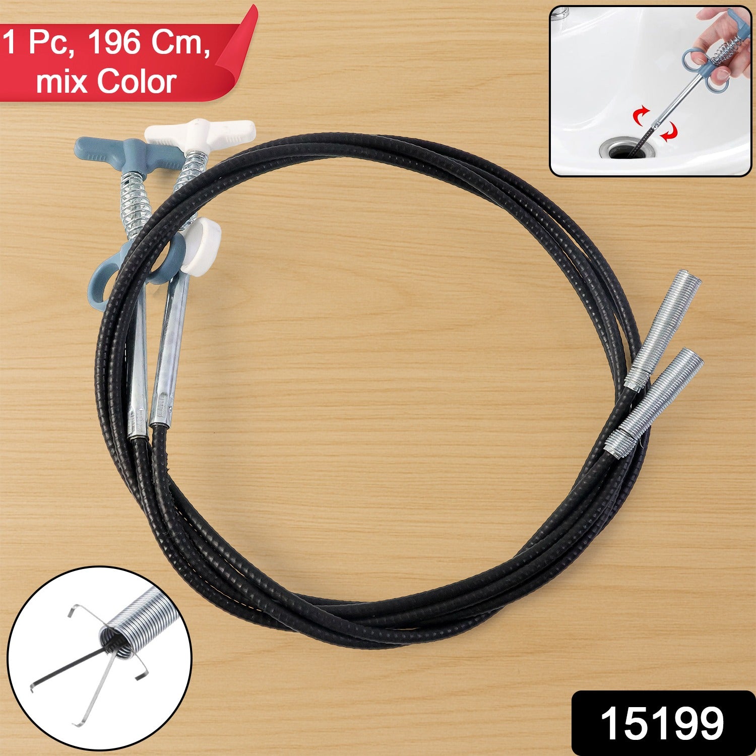 Wukusy flexible spring drain cleaning tool with hand grip, 157 cm long, designed for clearing clogged drains efficiently.