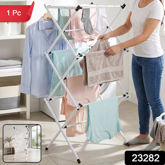 Wukusy metal foldable clothes drying rack with 3 tiers, portable laundry stand with multiple horizontal bars for drying clothes