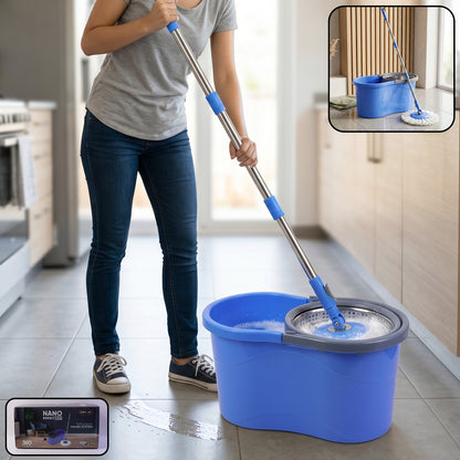 Wukusy 360-degree spin mop set with bucket and 130 cm handle, showing the mop and bucket for easy cleaning.