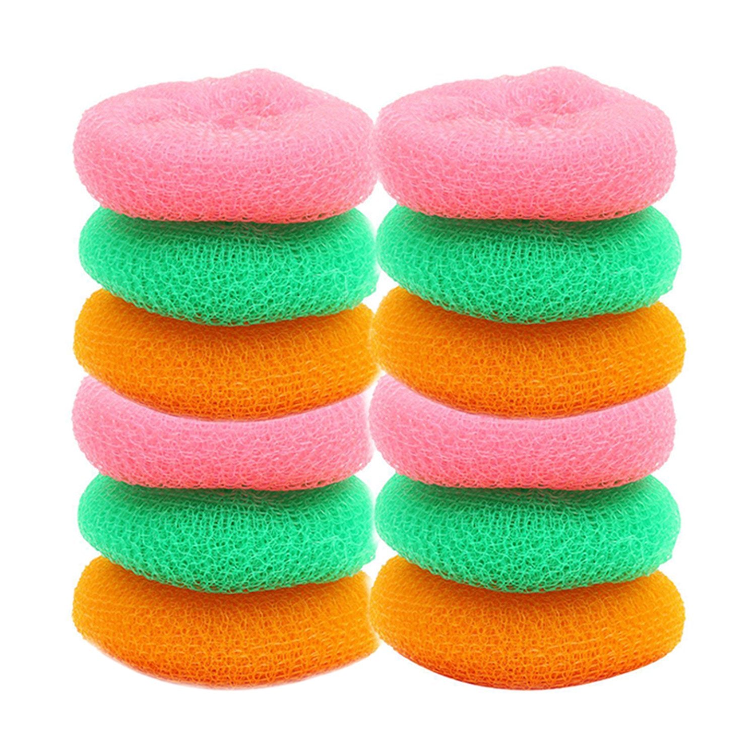 Set of 12 Wukusy plastic scrubbers with round nylon design for effective cleaning in home and kitchen tasks.