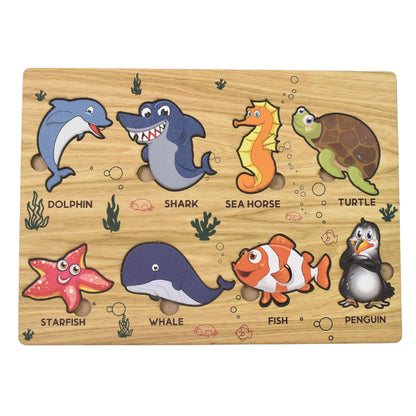 Wukusy seawater animal wooden puzzle toy set for kids, educational learning board with colorful marine animal pieces and puzzle pieces