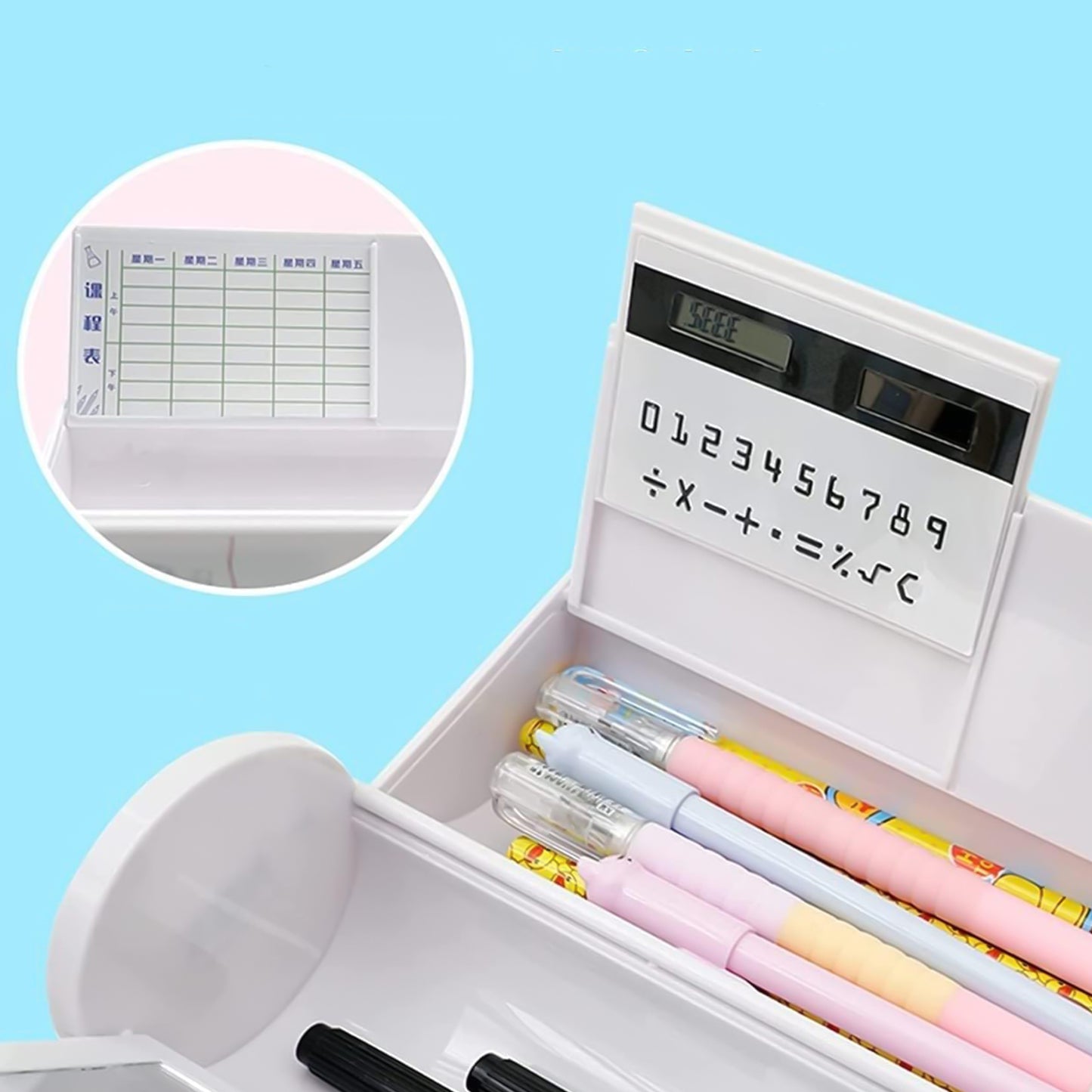 Wukusy 8-in-1 compass and geometry box with compartments, calculator, mirror, and markers, ideal for students' art and school supplies.