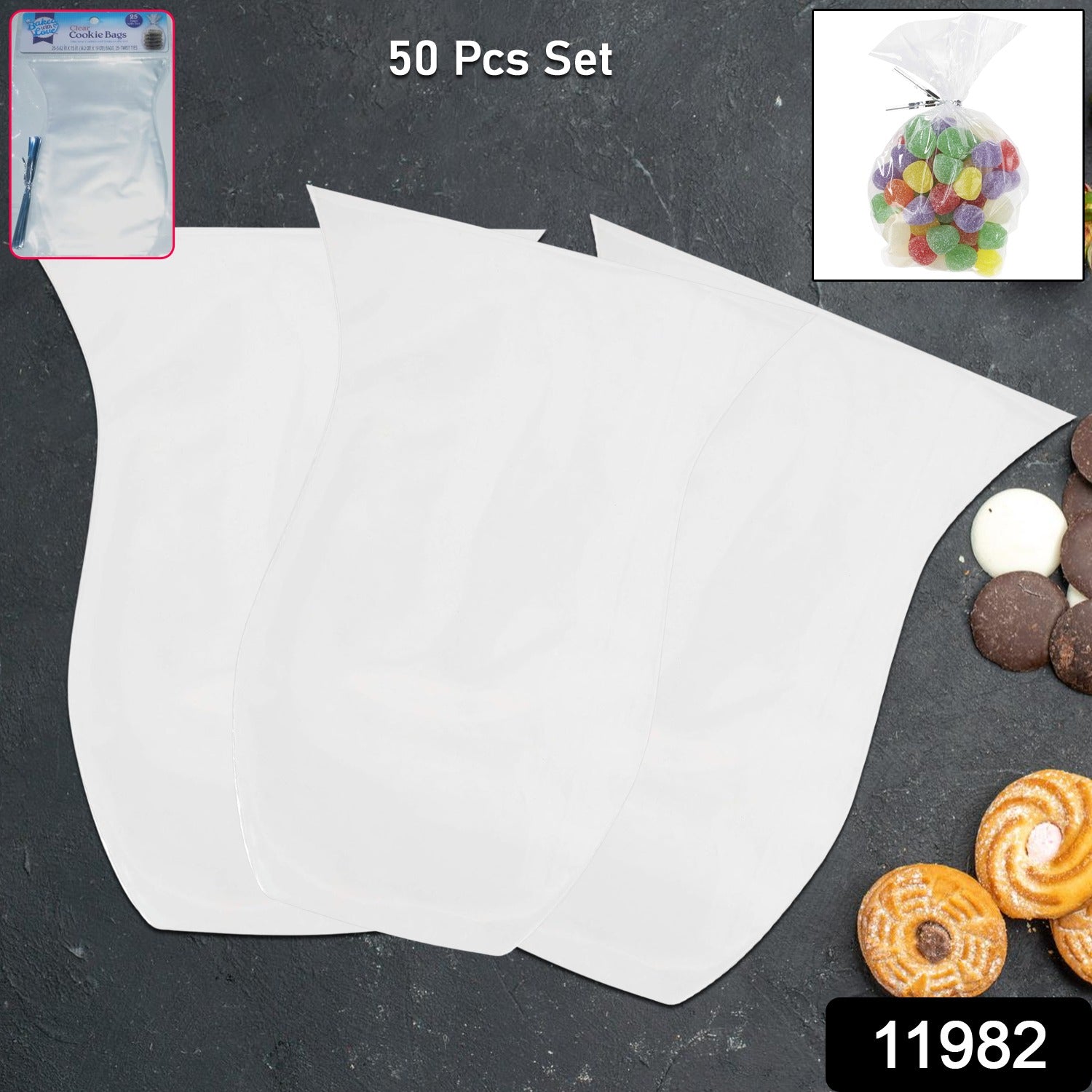 Set of 50 clear flat cookie bags from Wukusy, ideal for gift packaging and treats in home and kitchen use.