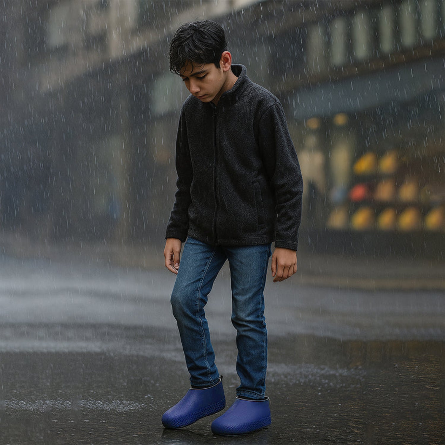 Pair of Wukusy blue non-slip silicone rain boot covers, waterproof, foldable, anti-skid travel shoe protectors in the image.