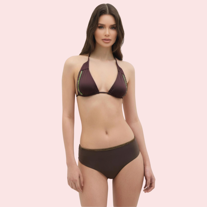 Snazzyway Espresso Dream embellished trim triangle bikini top with decorative accents and adjustable straps on white background
