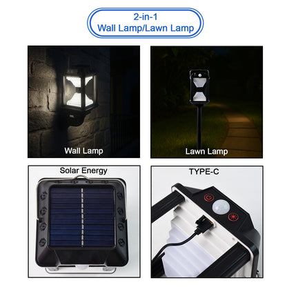 Wukusy solar induction LED wall lamp with motion sensor installed on garden wall, providing outdoor lighting at night