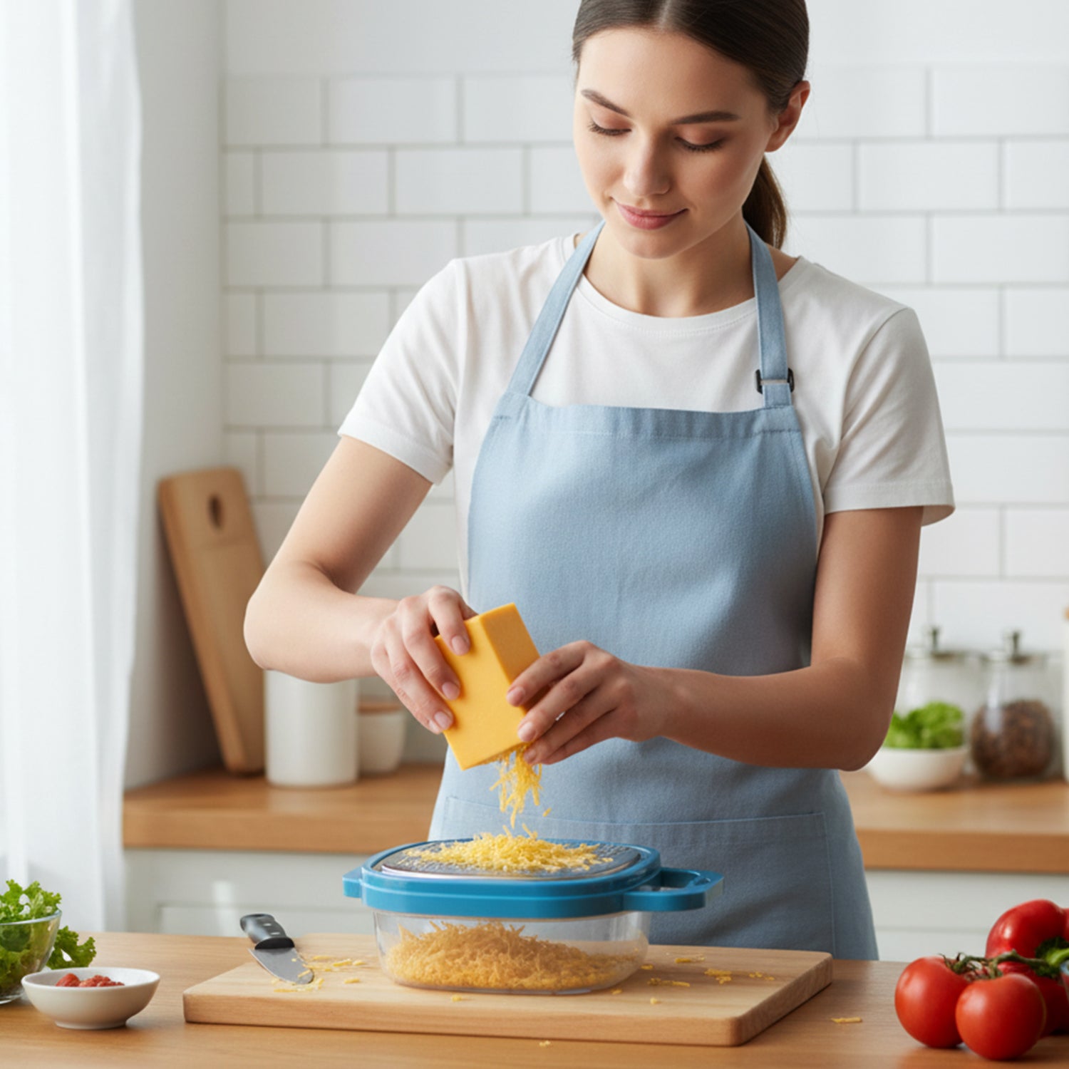 Wukusy Konvex Duo Grater with container and lid, stainless steel surface for grating cheese, vegetables, and zest.