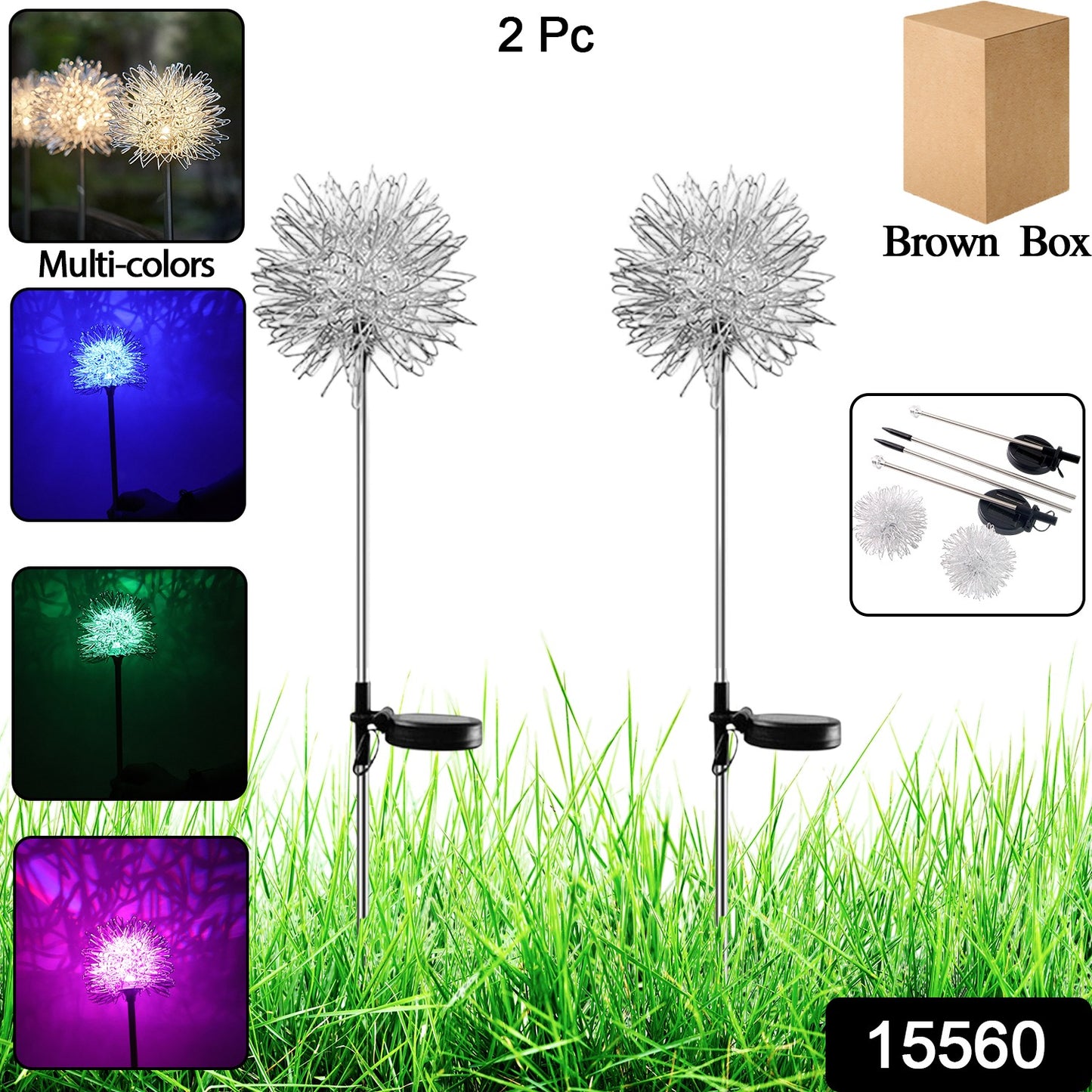 Two solar-powered dandelion garden lights by Wukusy illuminating a garden at dusk with delicate flower designs.