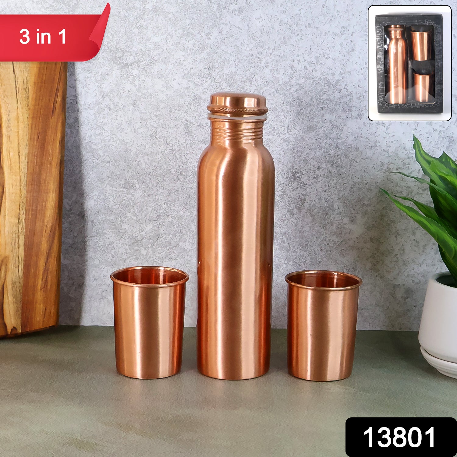 Wukusy copper water bottle with two glasses and gift box, 3-piece set, featuring a polished copper finish and elegant packaging.