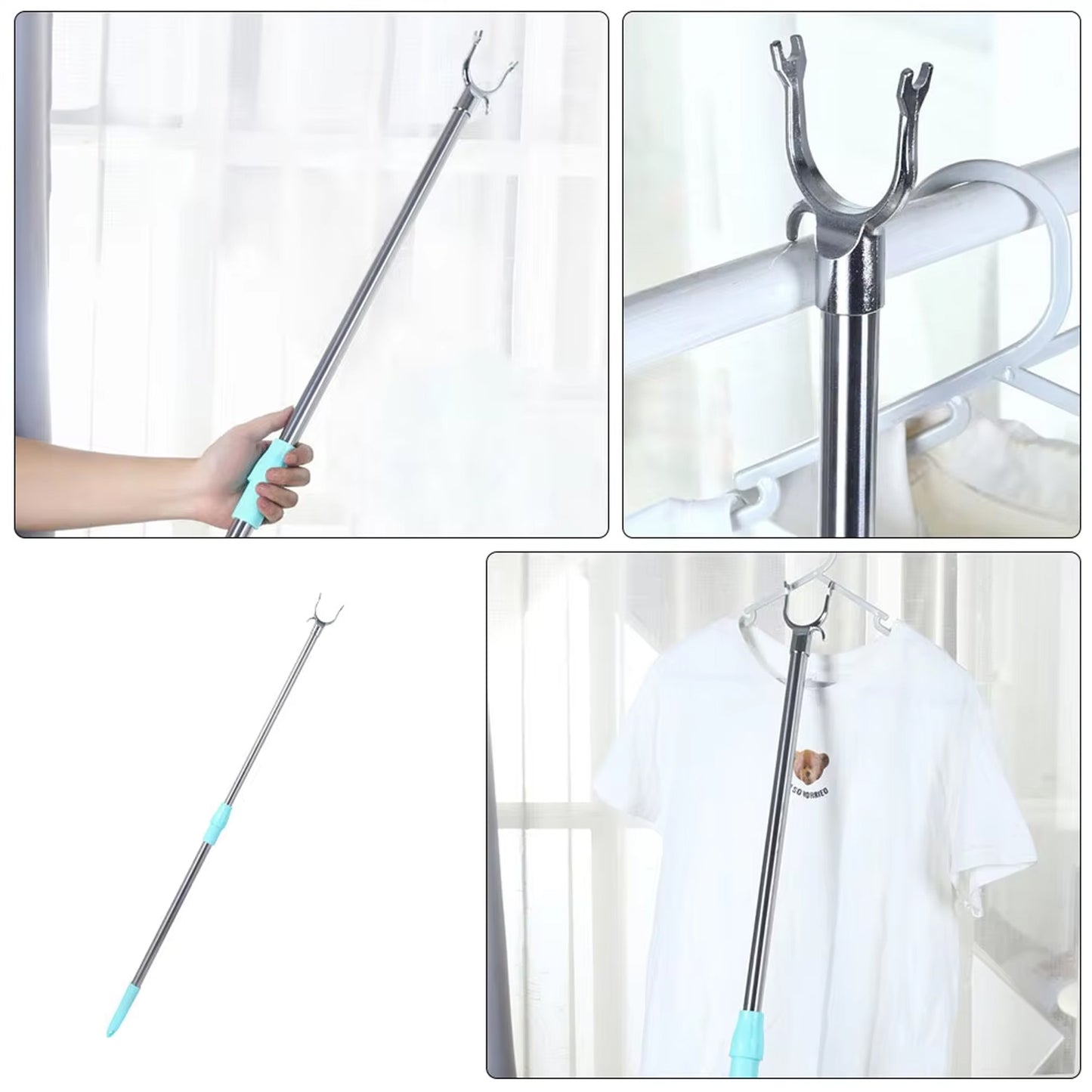 Wukusy stainless steel telescopic clothes hook hanger extended to 1 meter, featuring multiple hooks for versatile garment hanging.