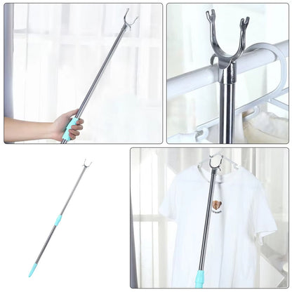 Wukusy stainless steel telescopic clothes hook hanger extended to 1 meter, featuring multiple hooks for versatile garment hanging.
