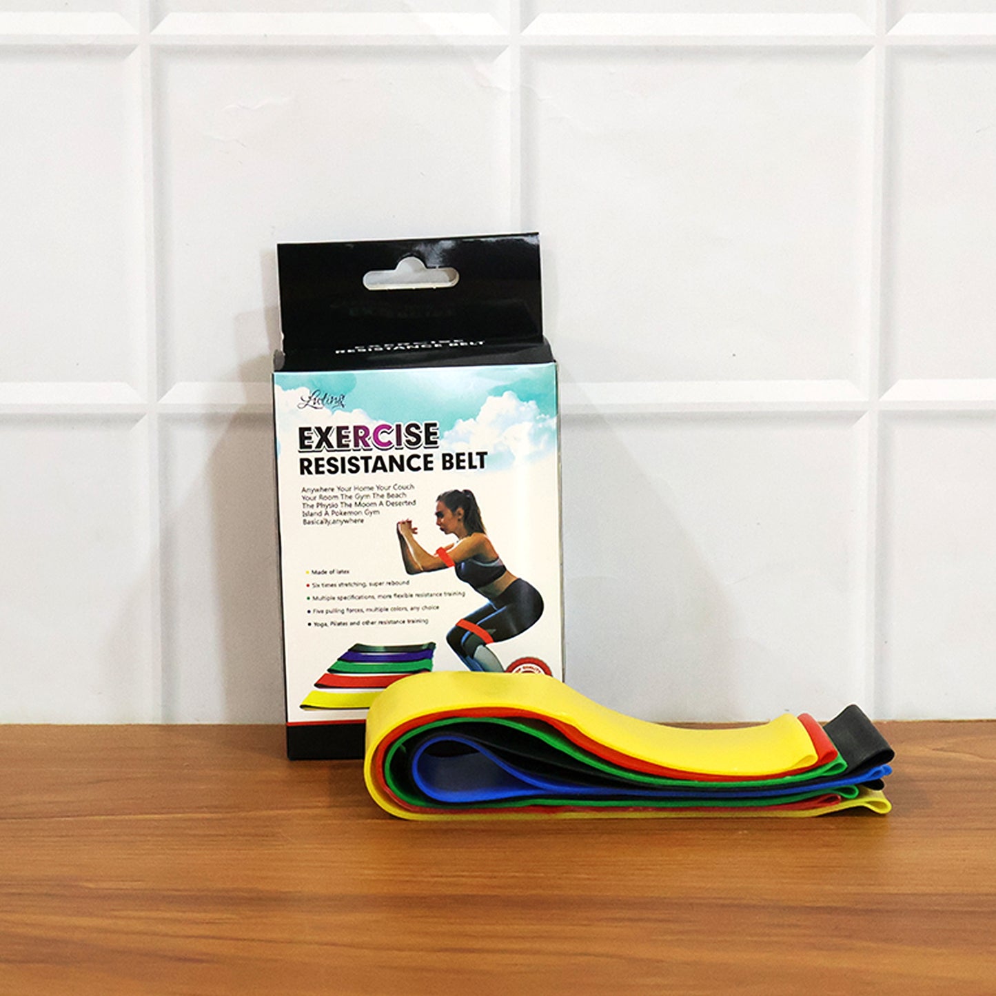 Set of five Wukusy premium elastic resistance exercise bands with belts, ideal for strength training and physical therapy workouts.