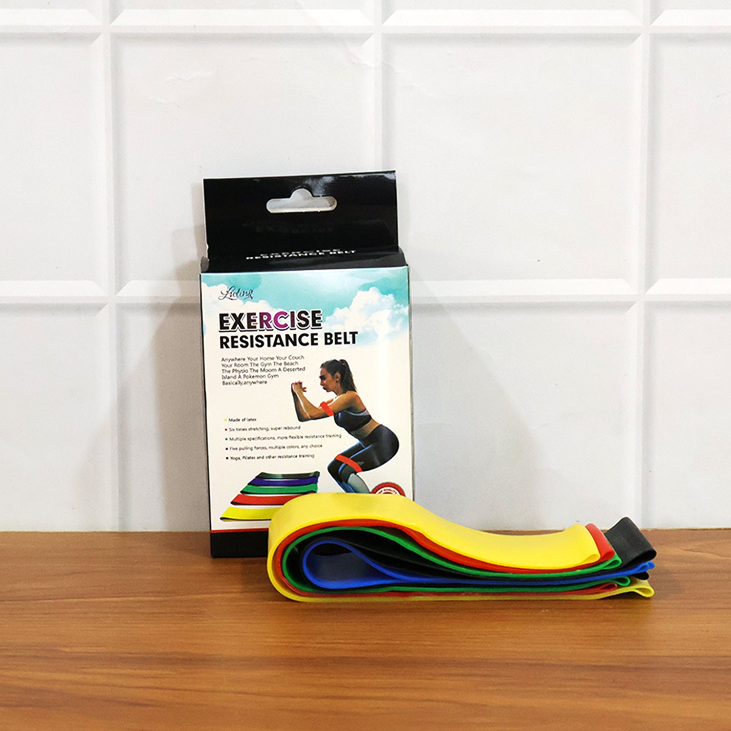 Set of five Wukusy premium elastic resistance exercise bands with belts, ideal for strength training and physical therapy workouts.