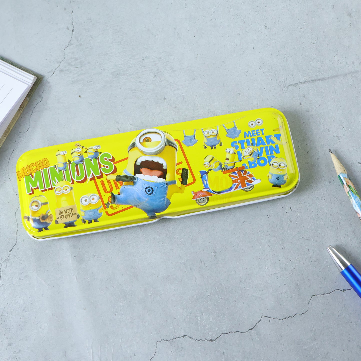 Wukusy cartoon-themed metal pencil box with cute mixed design, ideal for organizing stationery and school supplies.