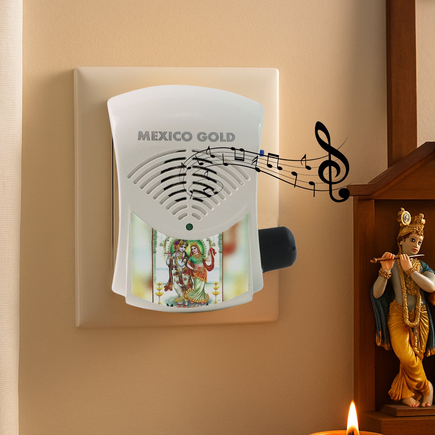 Wukusy electric mantra bell with LED light, showing a sleek, modern bell with illuminated features and a glossy finish.