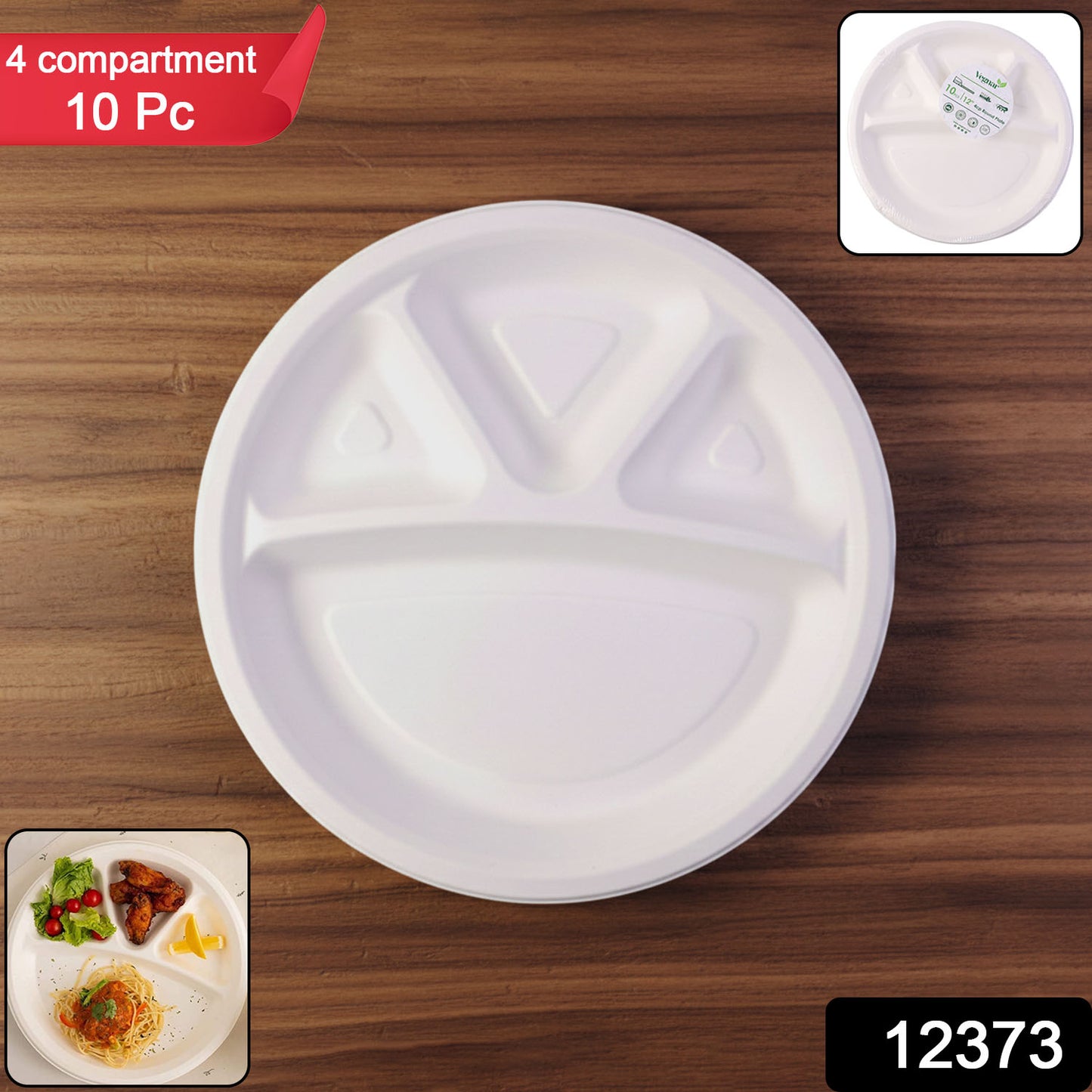 Set of 10 Vegnar disposable food serving plates with 4 compartments each, made by Wukusy, shown stacked and ready for use