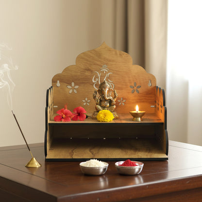 Wooden temple style home mandir stand for pooja, crafted by Wukusy, featuring a traditional design with multiple shelves for religious items.